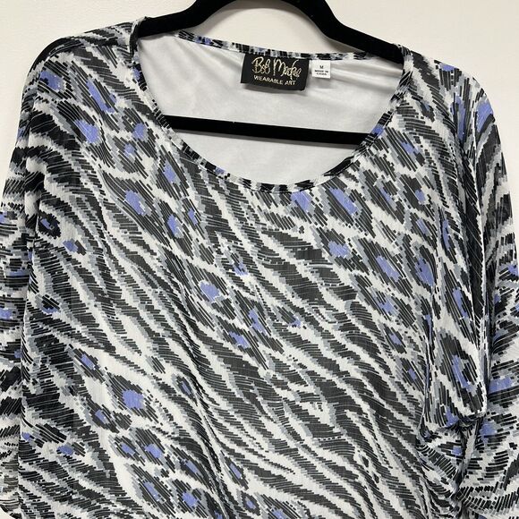 Bob Mackie Wearable Art Blouse M Blue Black Abstract Animal Print Sheer Tie Boho - Picture 3 of 13